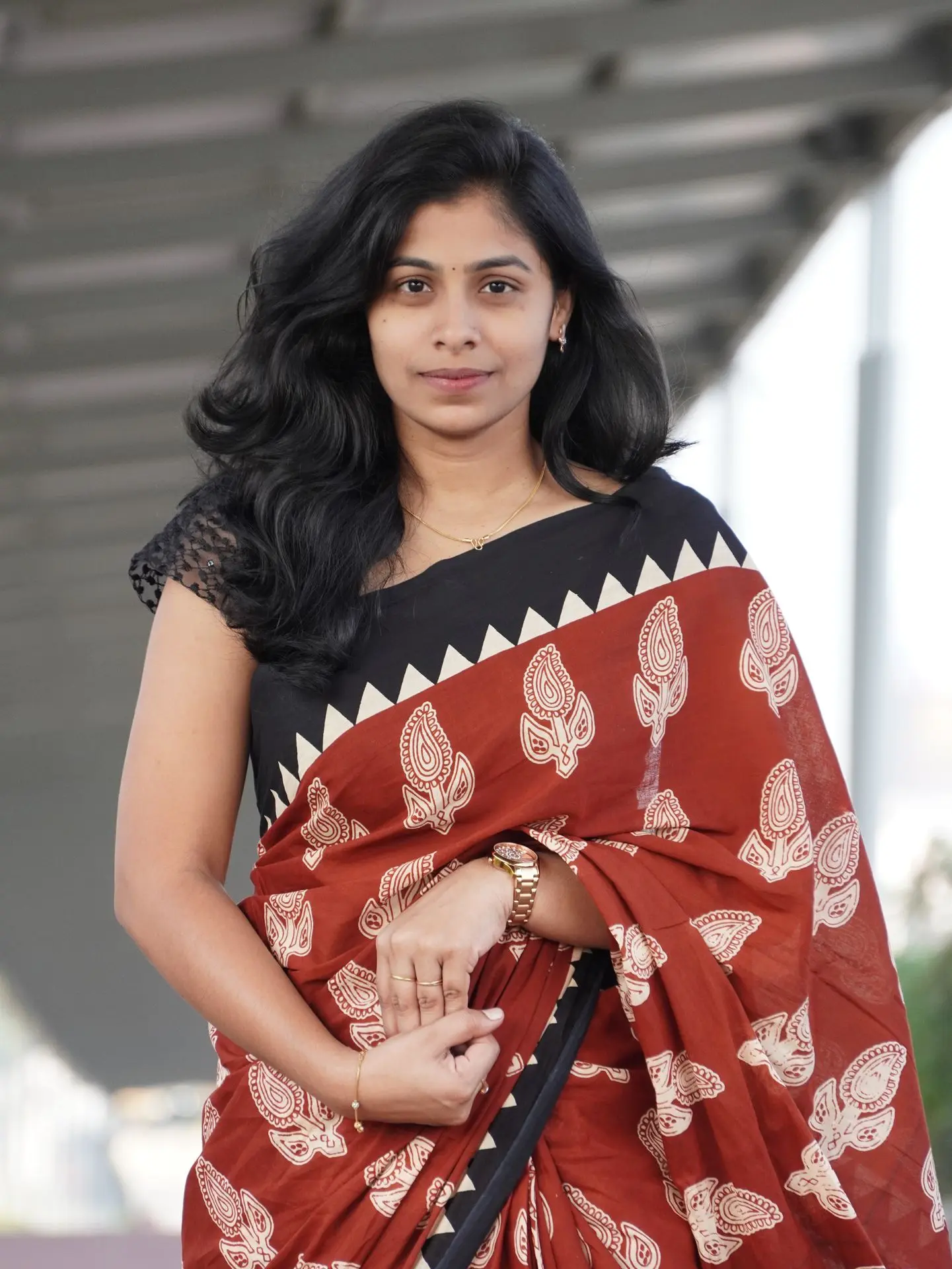 Affordable cotton saree with hand block print and flowers design with temple border saree