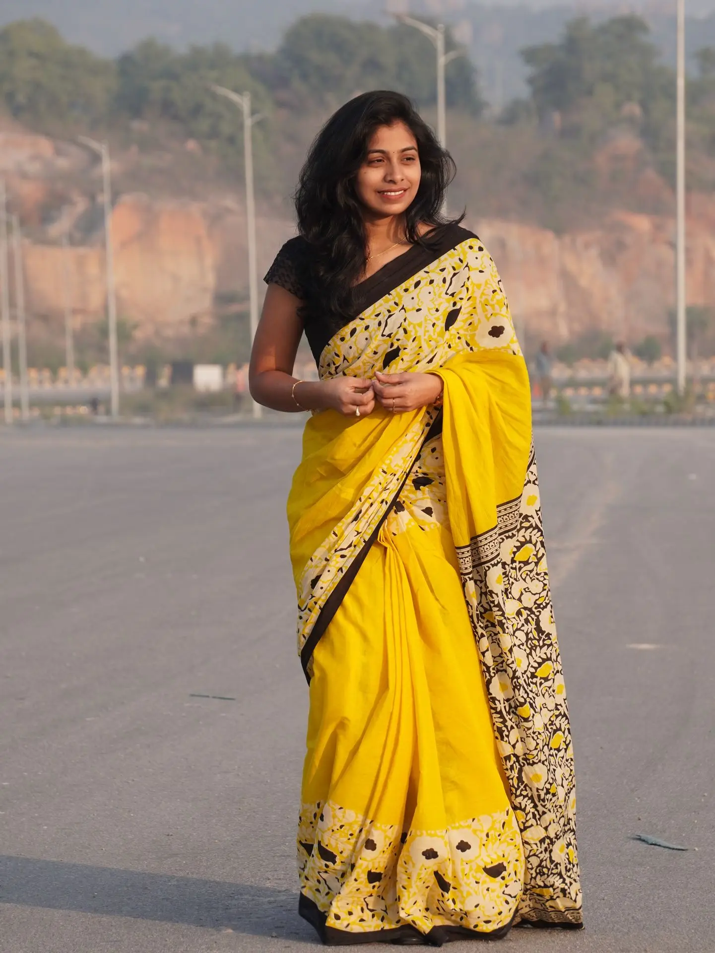 Stylish yellow Mul Mul cotton saree with hand block print and flowers design with black border saree