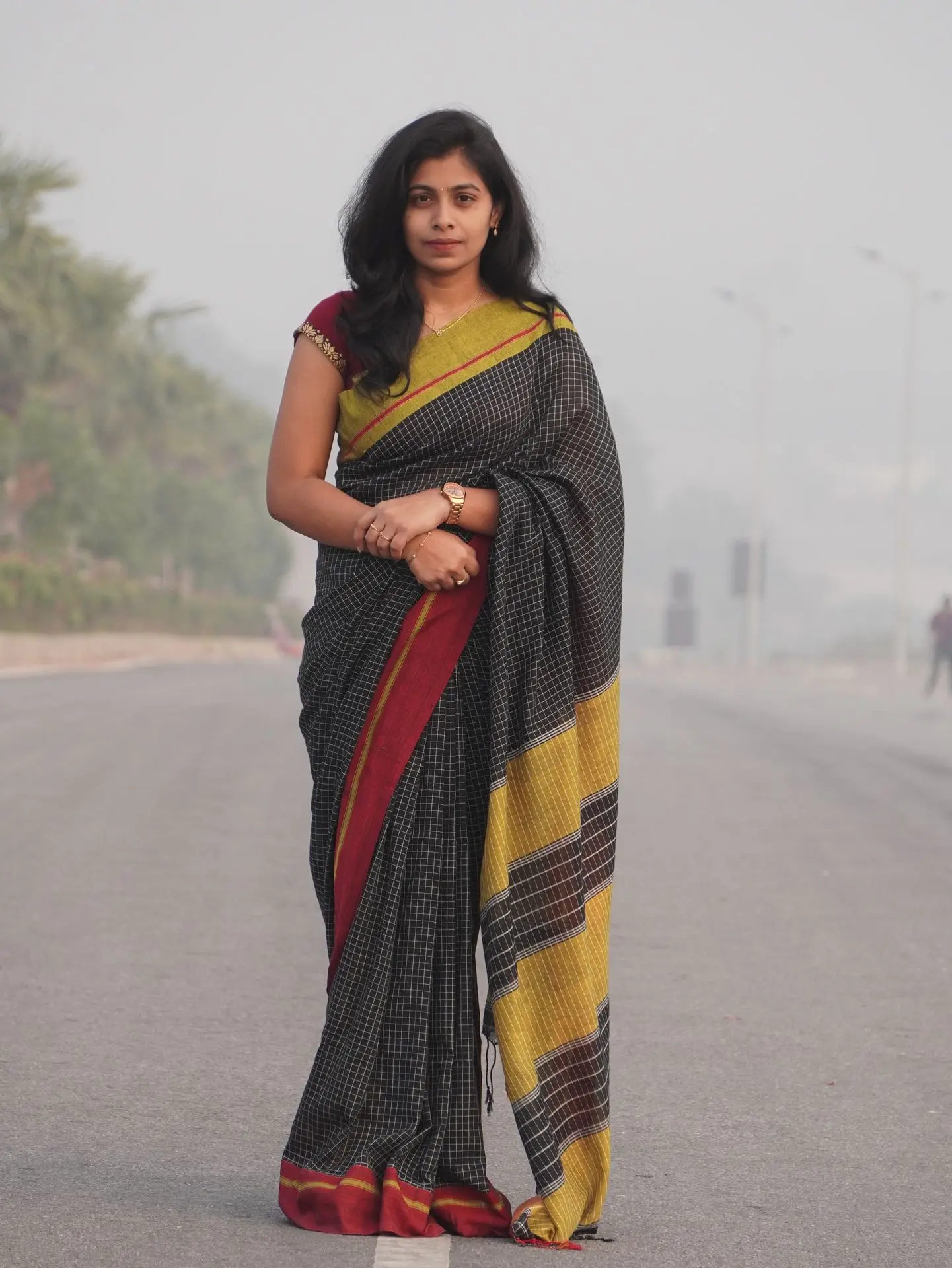 Casual khadi cotton saree with Red and yellow border print with checks saree