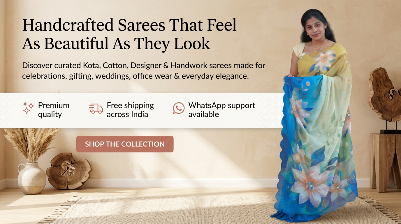 Handcrafted Designer Sarees Discover curated Kota, Cotton, Designer & Handwork sarees made for celebrations, gifting, weddings, office wear & everyday elegance.